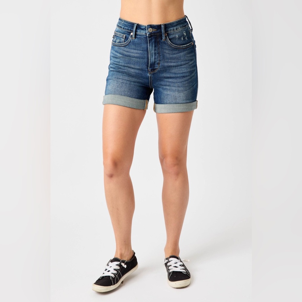 Judy Blue 1XL denim shorts hi waist rolled cuff tummy control JB150246 DK NWT